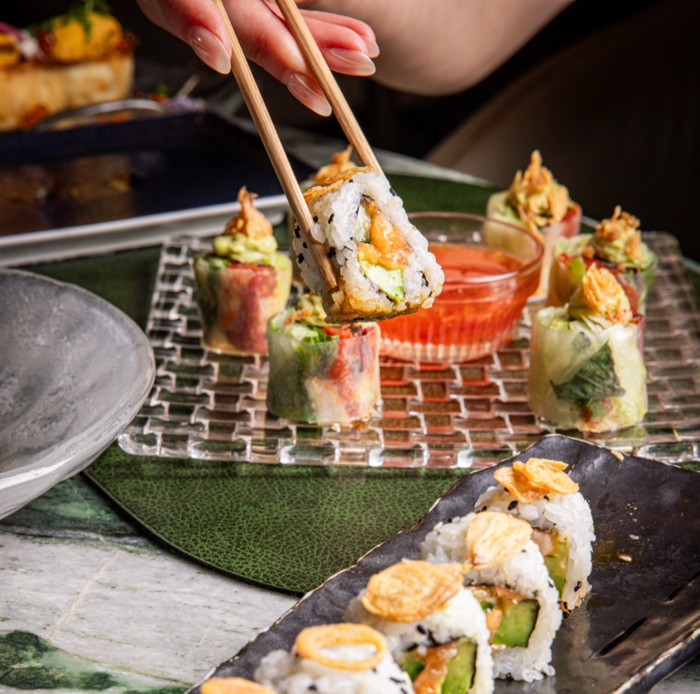 Fresh sushi roll at Crown Block, Michelin Recommended restaurant in downtown Dallas.