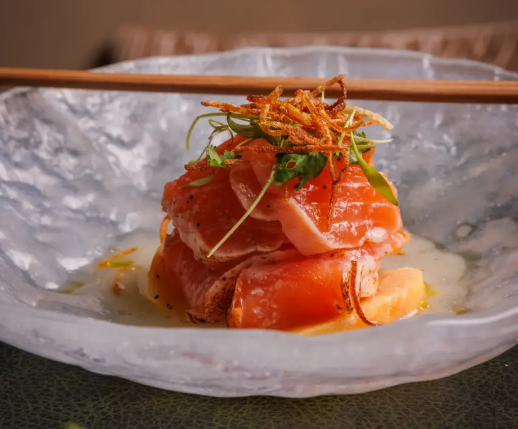 Seasonal Salmon Tataki freshly prepared from the Michelin Recommended Crown Block restaurant in downtown Dallas.